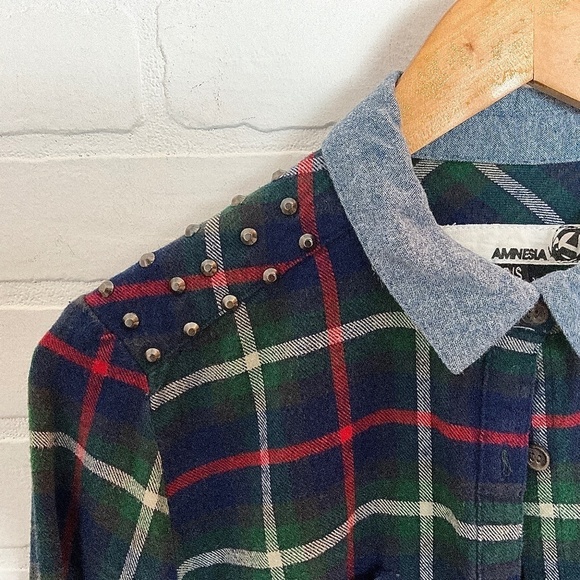 Vintage Y2K Button down Shirt Plaid Flanelle Studds Elbow patches Amnesia Navy S - Picture 8 of 16